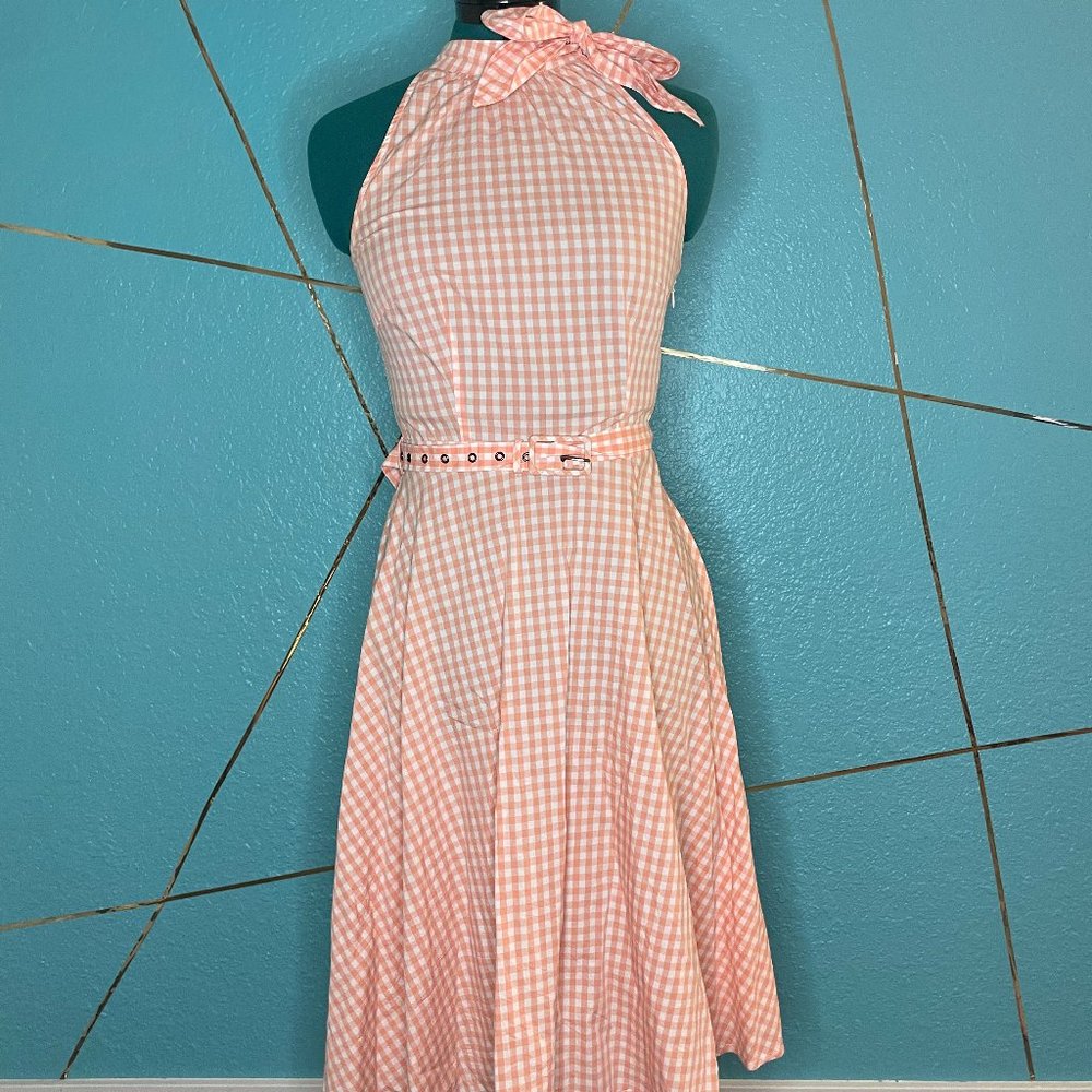 Voodoo Vixen Peach Gingham Halter Bow Fit and Flare Dress